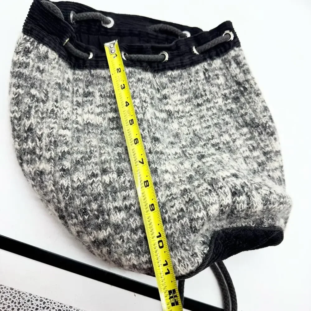 Y2K Artsy Boho‎ Hippie Knit Wool Drawstring Backpack Bag Grey/Black - Medium